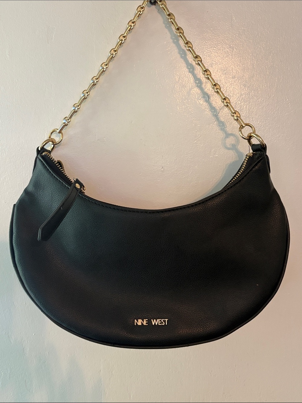 Nine West Black Crescent Shoulder Bag with Gold Chain Strap & Adjustable Strap